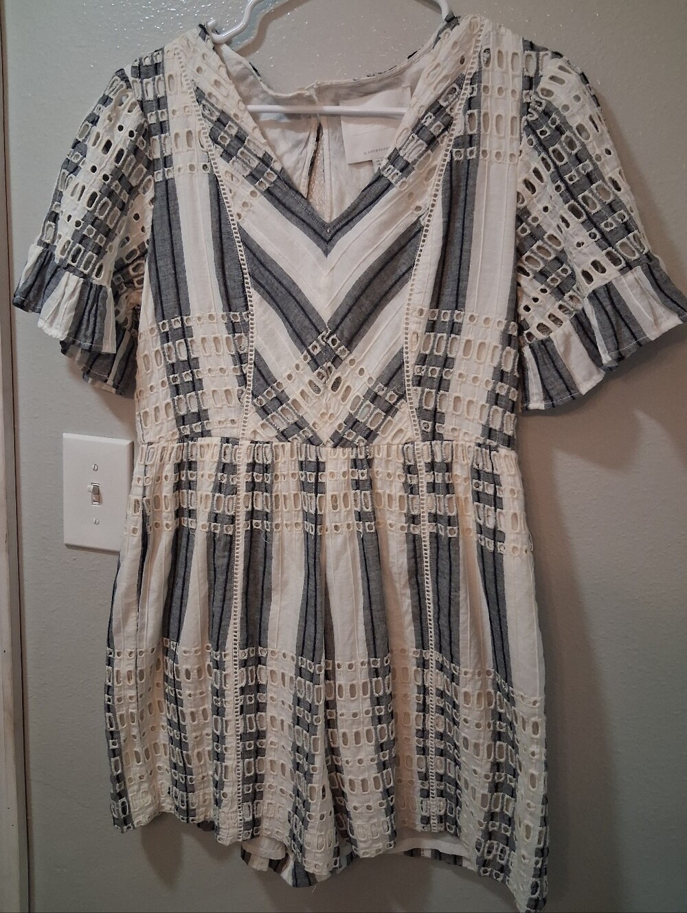 Anthropologie Ivory and Gray Striped Eyelet V-Neck Dress